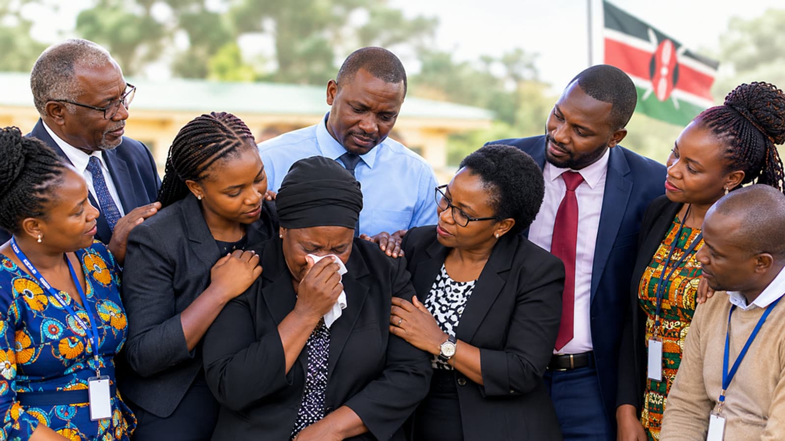 Teachers gathered around a grieving colleague, comforting her